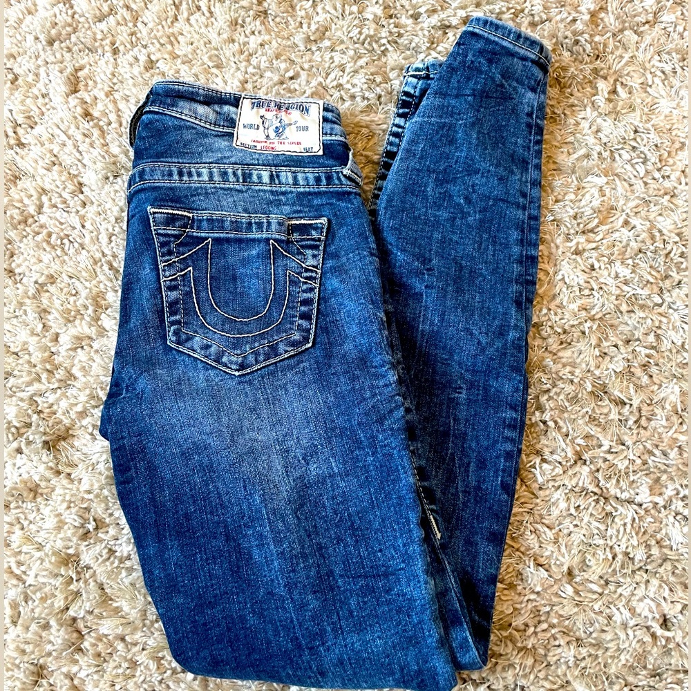 True Religion Jeans Women’s Legging Pockets Skinny Fit Low Rise Acid Wash 26x28